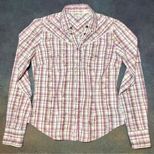 Ben Sherman XS Snap Front Plaid Shirt | Satin Trim Floral Western Detail
